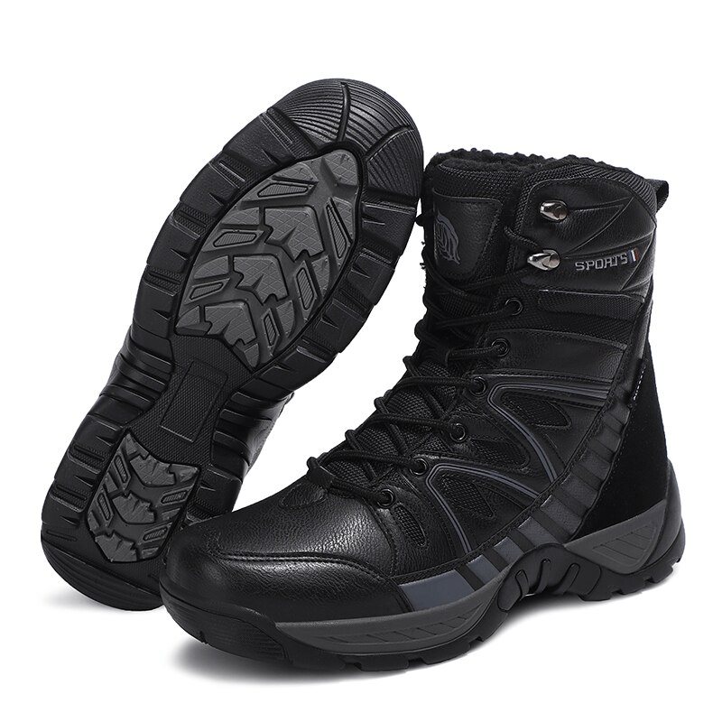 Waterproof leather military snow boots with anti-slip sole and warm plush lining, model SF0804, ideal for winter conditions.